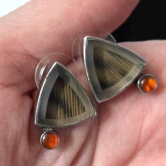 Janice Lee Ripley Earrings Sterling Silver Beveled Triangle Amber Cabochon Boho - Picture 1 of 4
